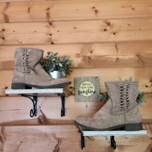 Dolce By Mojo Moxy Jody Tan Suede Ankle Pull On Bootie Boot Braided Heel Sz 10 M